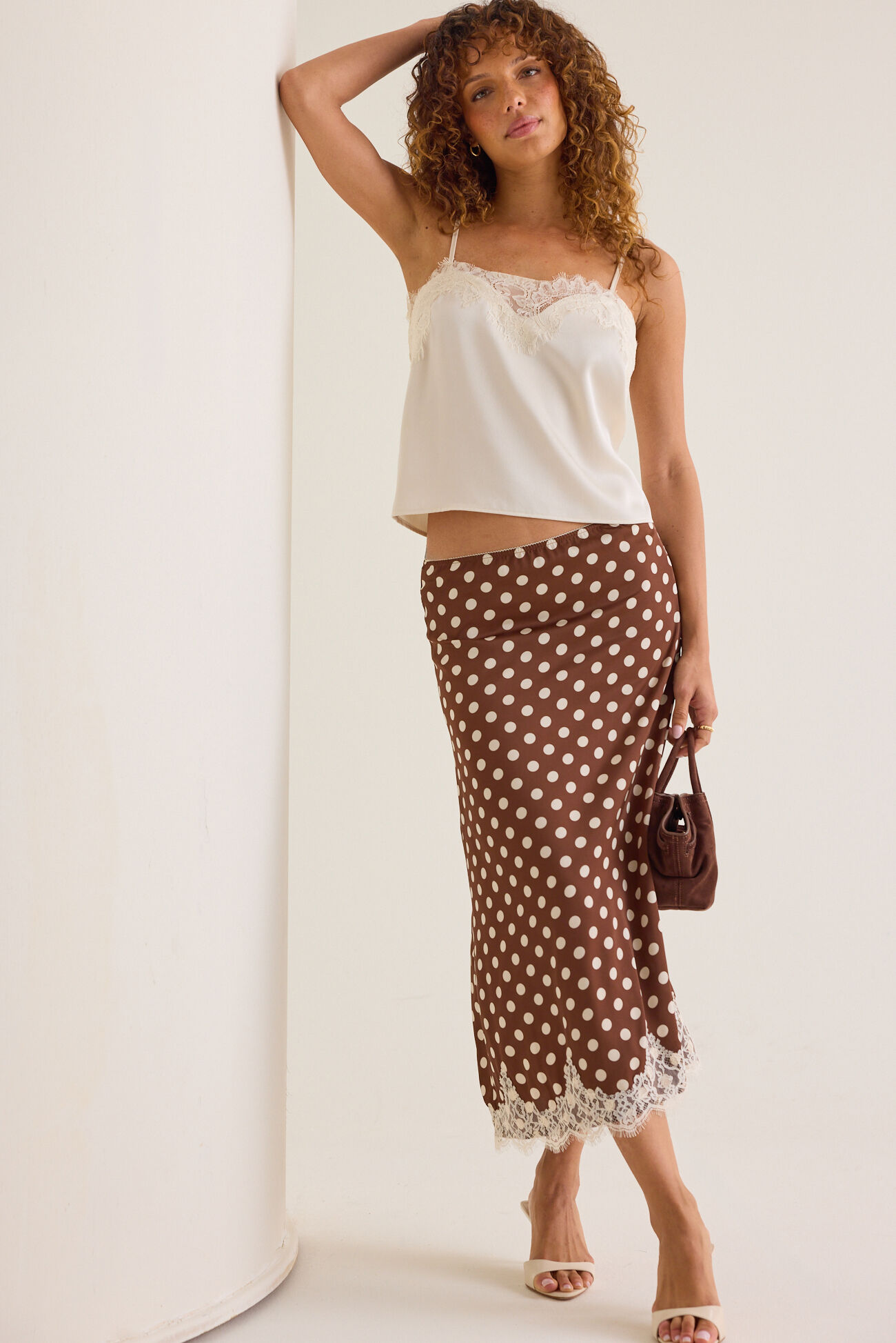 Lynlee Polka Dot Satin Lace Trim Skirt