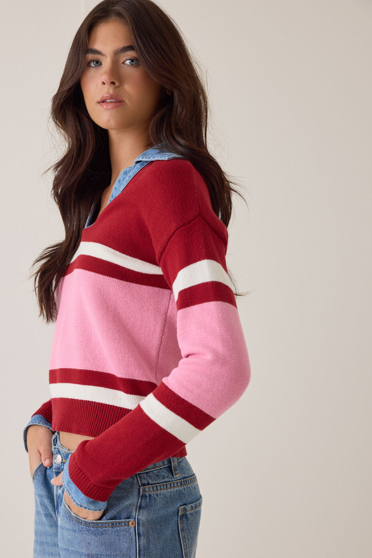 Mitchie Denim Trim Striped Sweater