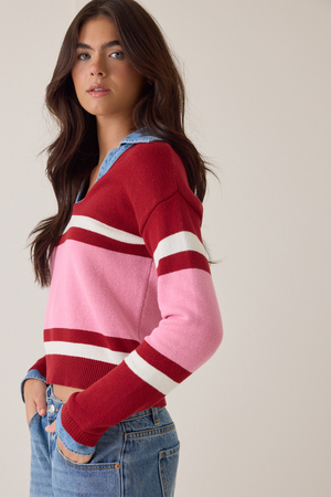 Mitchie Denim Trim Striped Pullover - Altar'd State - 
