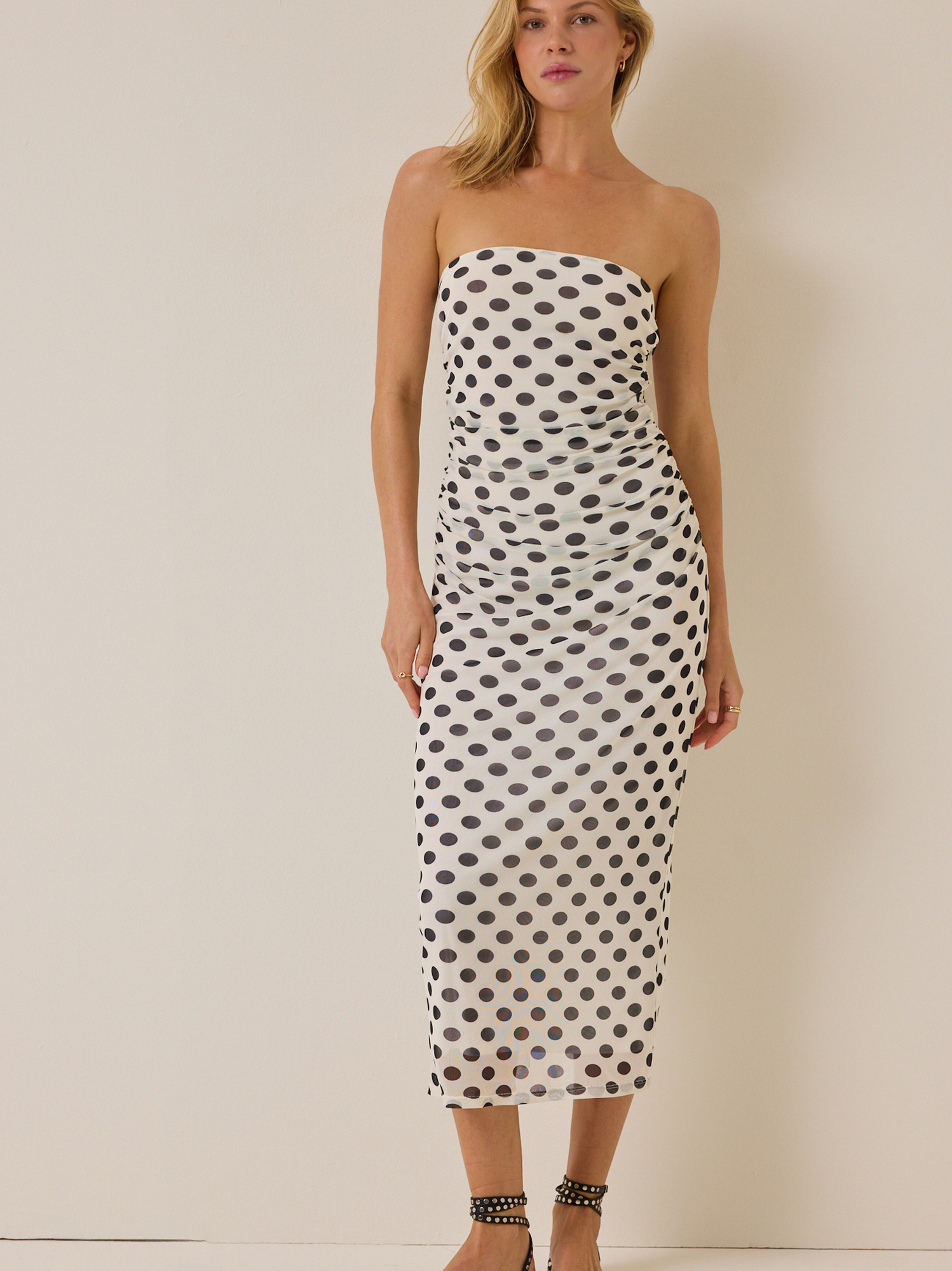 Altar'd State | Aubree Polka Dot Maxi Dress | WHITE-BLACK | Material: 90% Polyester, 10% Spandex, Lining: 100% Polyester | XL