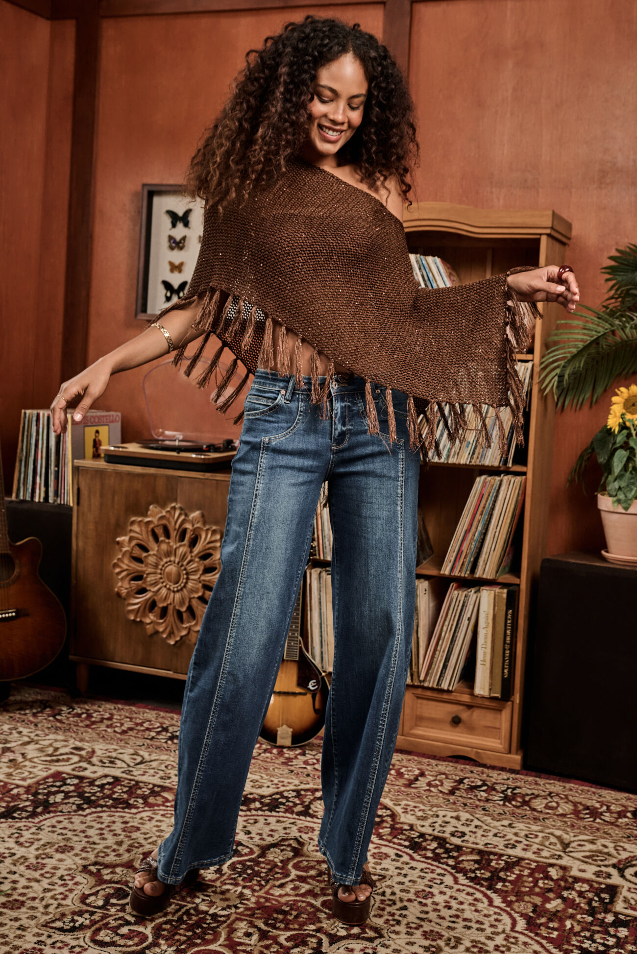 Heather Sequin Fringe Poncho