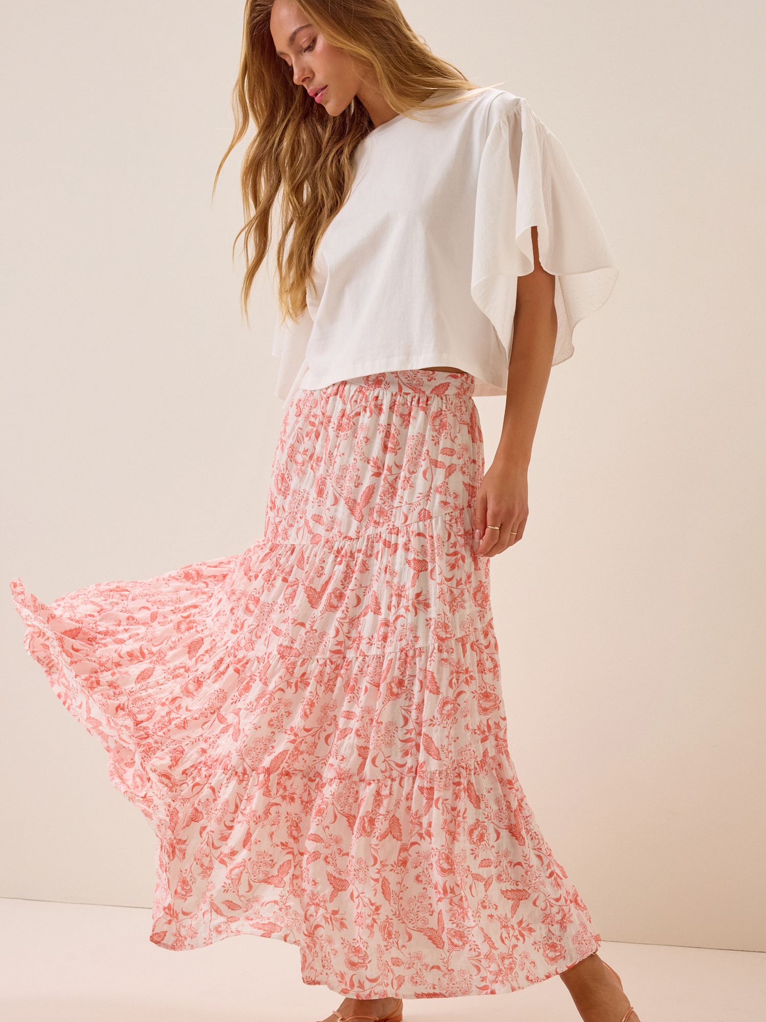 Elise Floral Maxi Skirt in Ivory & Coral | Altar'd State