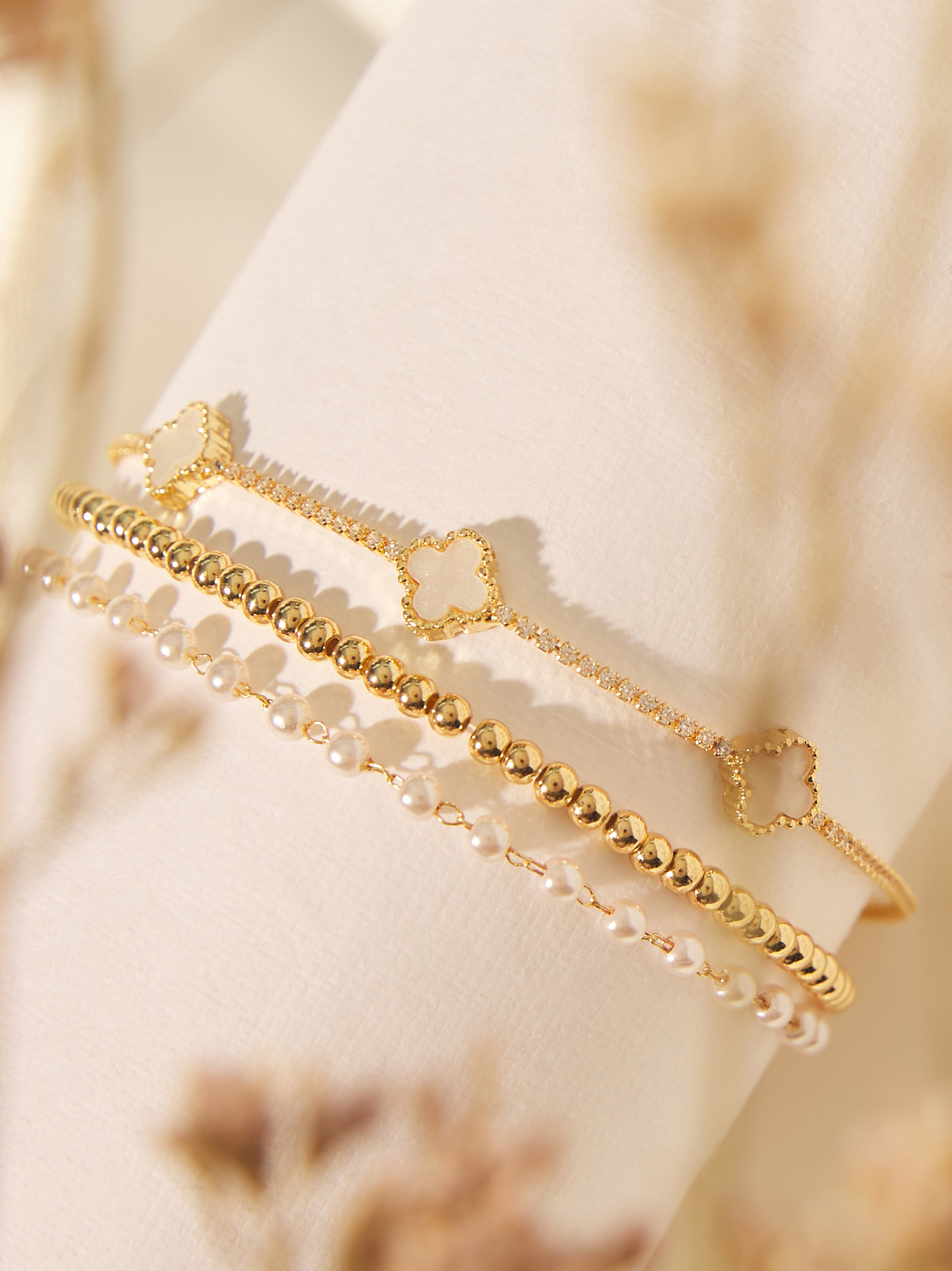 Pearl Clover Beaded Bracelet Set in Gold | Altar'd State