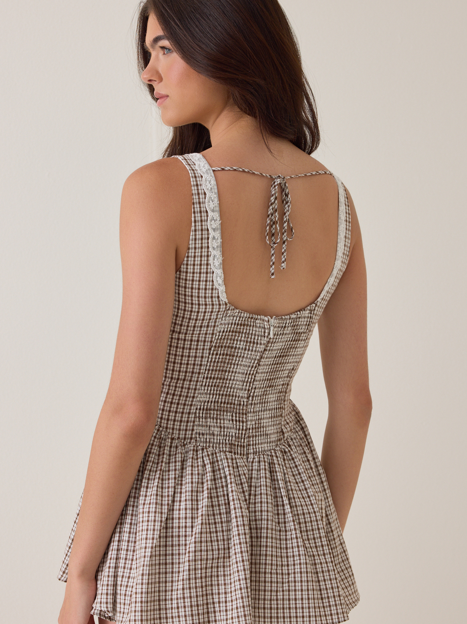 Madelynne Plaid Romper in Brown and Ivory | Altar'd State