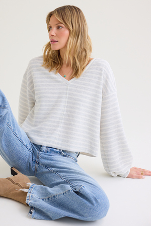 Adrienne Long-Sleeve Urban-Rib Striped V-Neck Boxy Top - Altar'd State