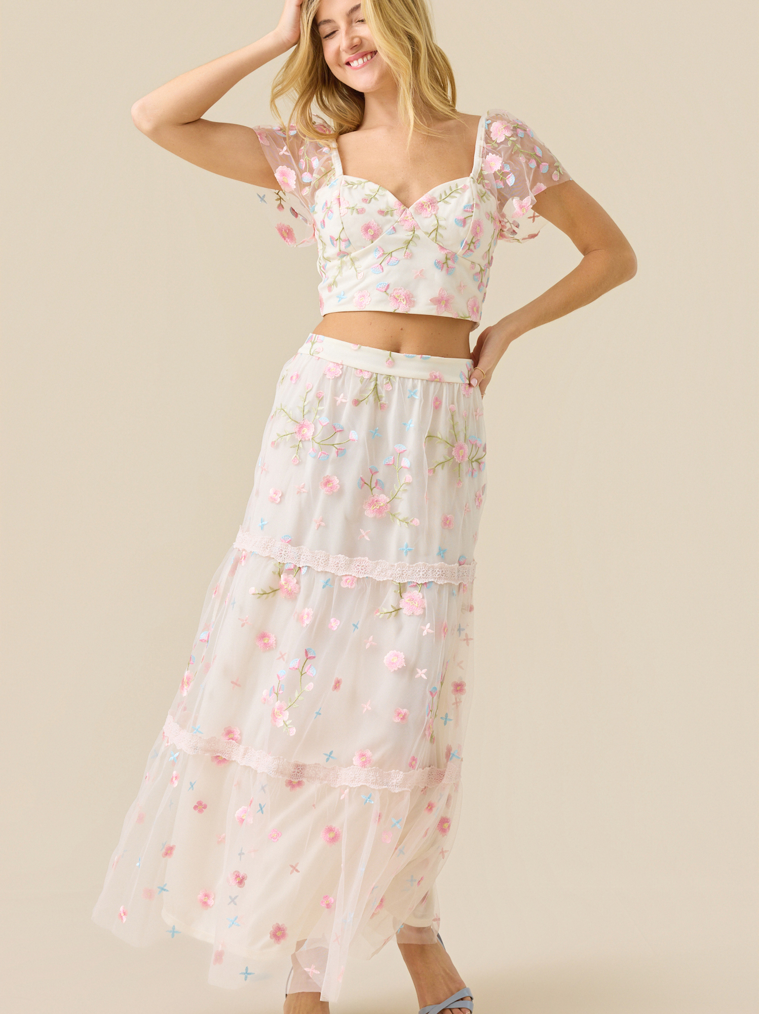 Ambrose Floral Embroidered Maxi Skirt in Pink Multi | Altar'd State