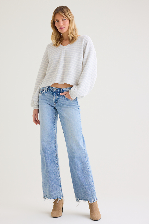 Adrienne Long-Sleeve Urban-Rib Striped V-Neck Boxy Top Detail 3 - Altar'd State