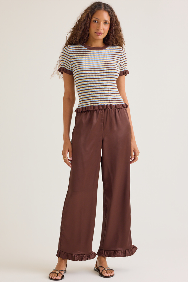 Camille Satin Ruffle Hem Pull-On Pants - Altar'd State
