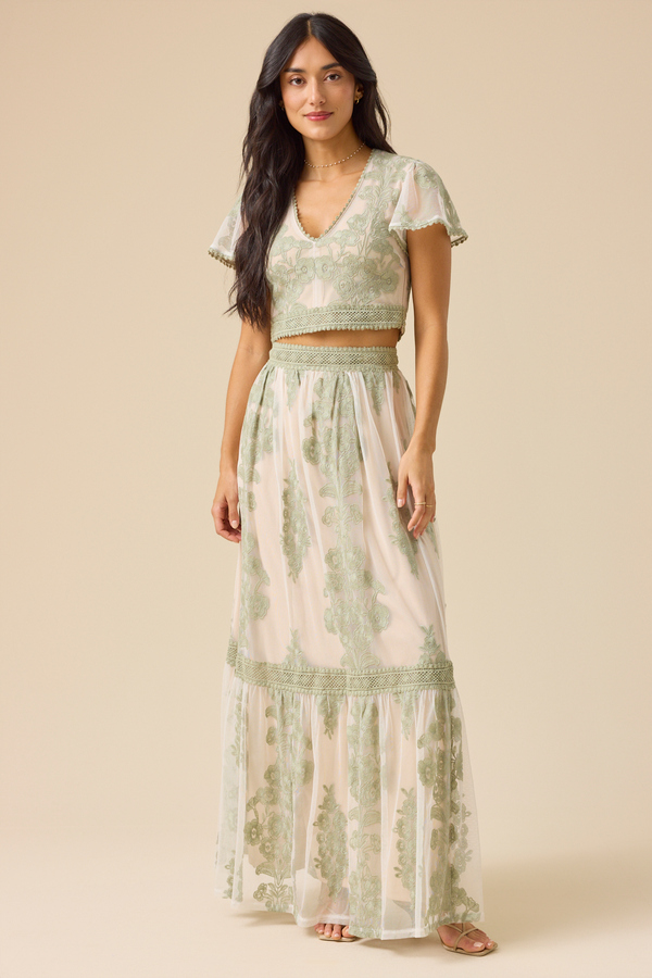 Altar'd State | Arissa Floral Embroidered Maxi Skirt | IVORY-SAGE | Material: 100% Rayon | XS