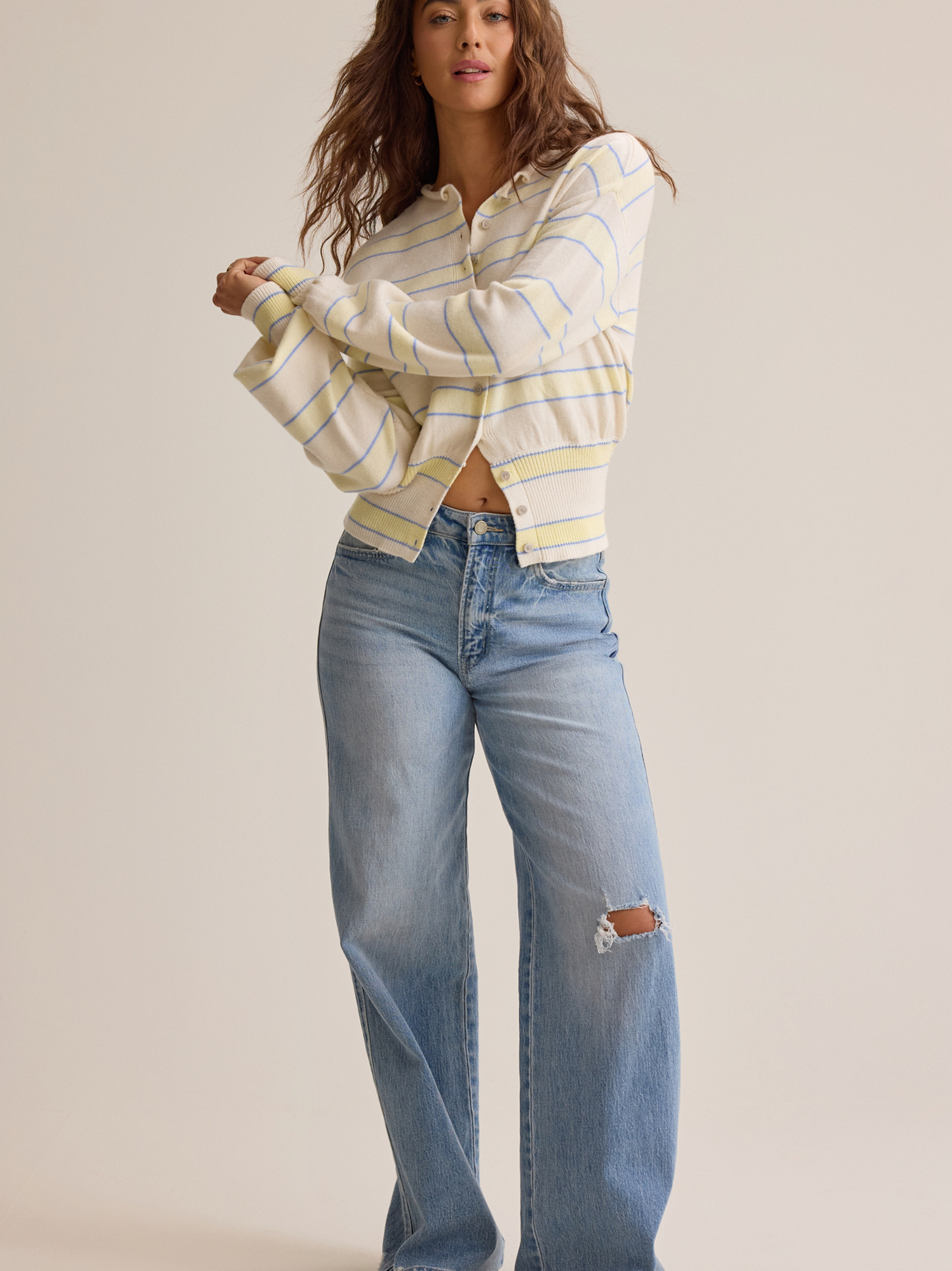 Ryder Stripe Banded Hem Cardigan in Ivory & Yellow | Altar'd State