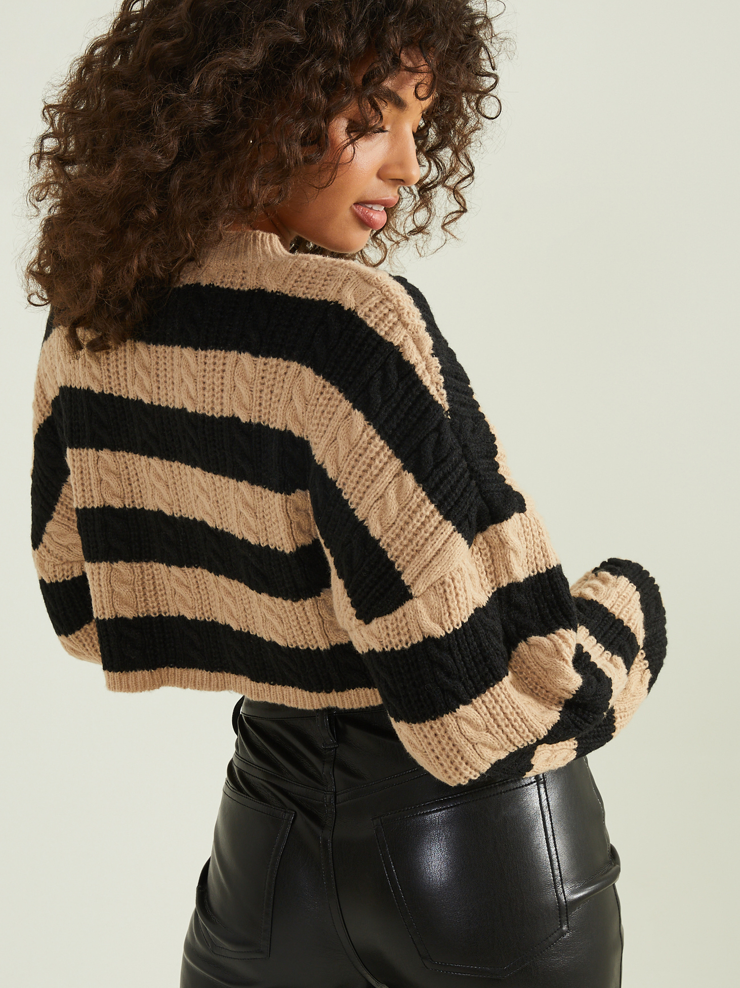 Jade Cropped Striped Sweater in Tan and Black | Altar'd State