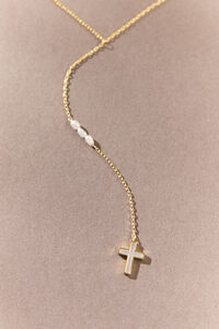 18K Gold Pearl Charms Cross Y Necklace Detail 2 - Altar'd State