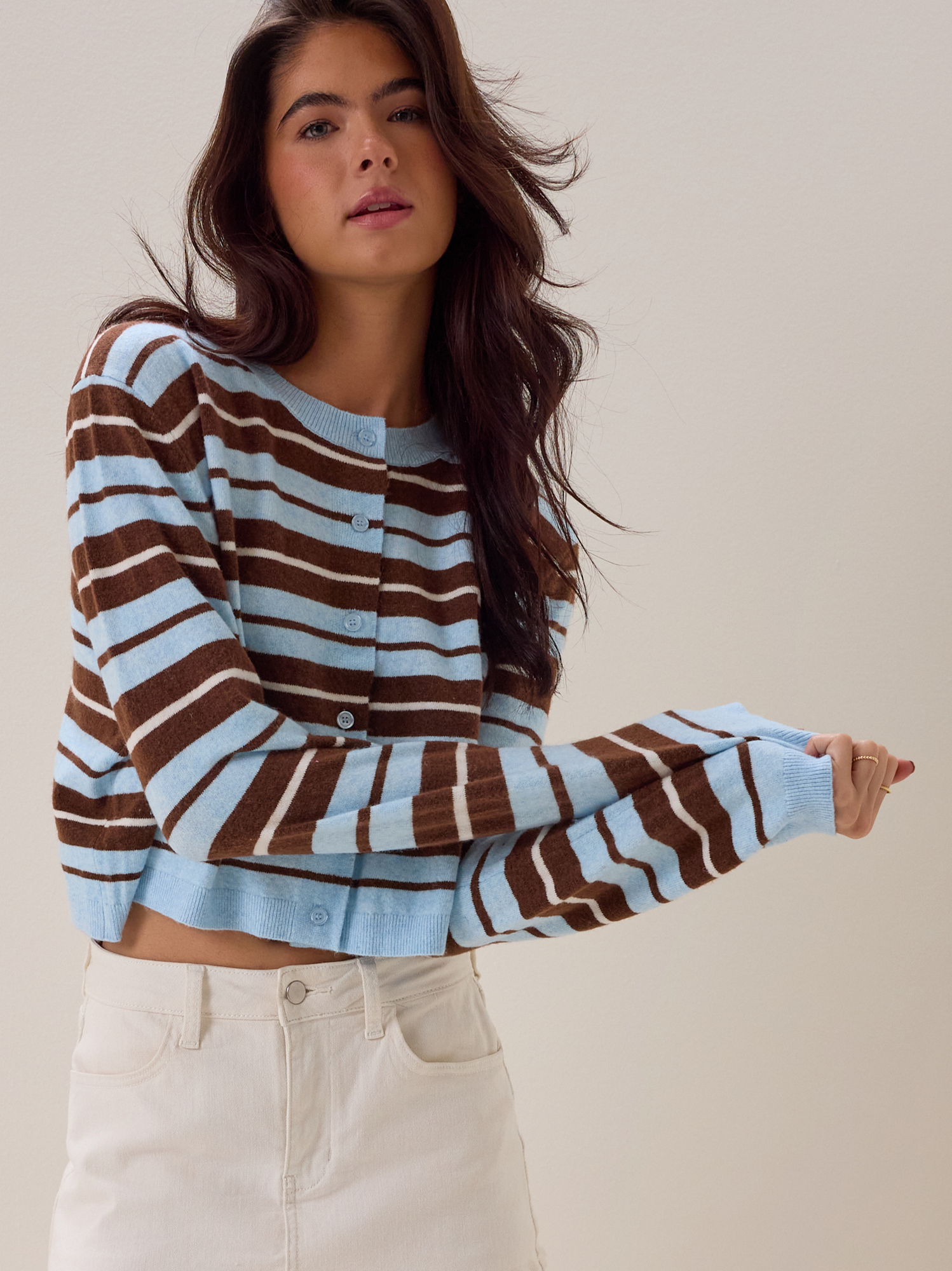 Londyn Multi Stripe Button Up Cardigan in Blue & Brown | Altar'd State