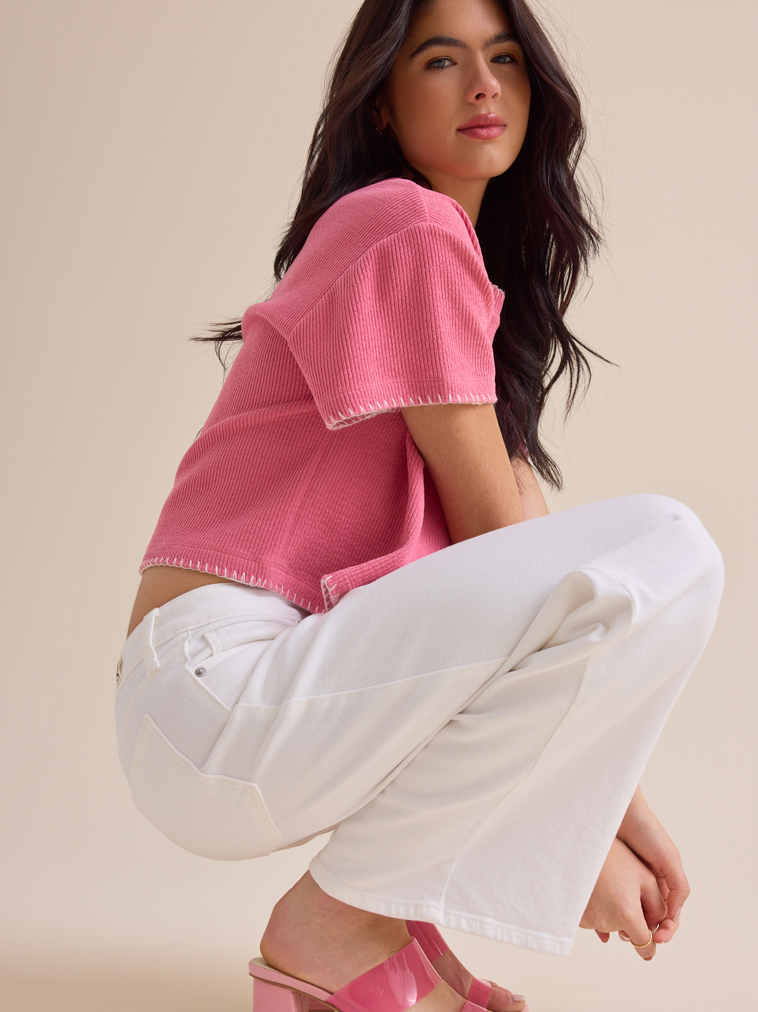 mame　24ss メッシュ　フレア　トップス　ピンク Makenzie Ribbed Whipstitch Top in Pink | Altar'd State