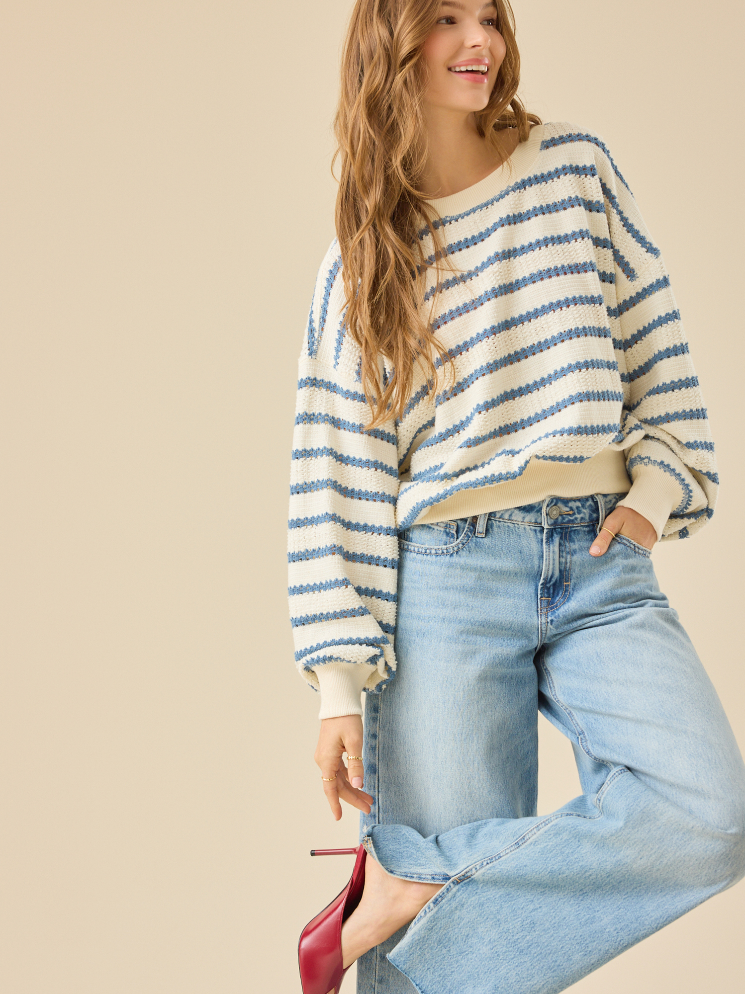 Brooke Textured Striped Top in Ivory & Blue | Altar'd State