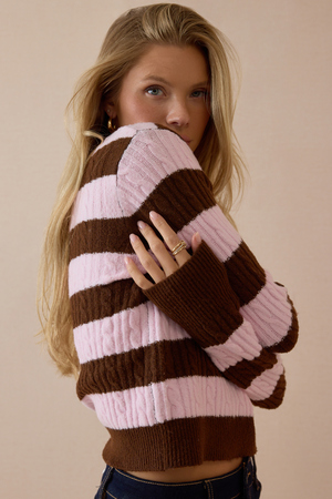 Talia Striped Cable Knit V-Neck Sweater - Altar'd State - 