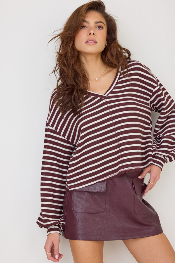 Adrienne Long-Sleeve Urban-Rib Striped V-Neck Boxy Top - Altar'd State