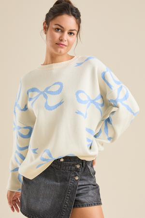 
        Trinity Bow Sweater in White & Blue | Altar'd State
    