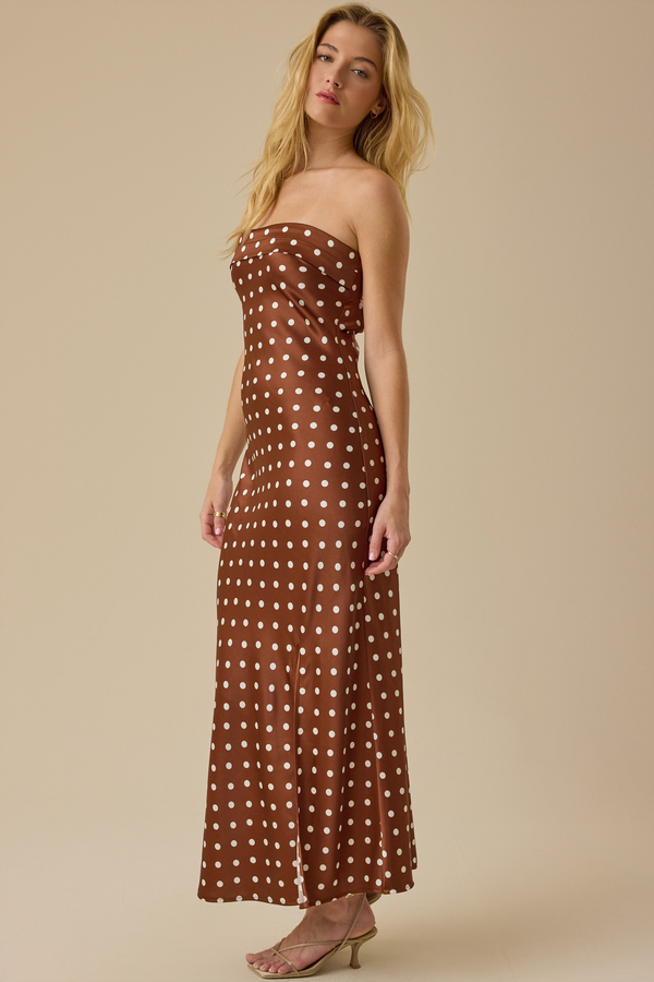 Paityn Strapless Polka Dot Dress in Brown | Altar'D State