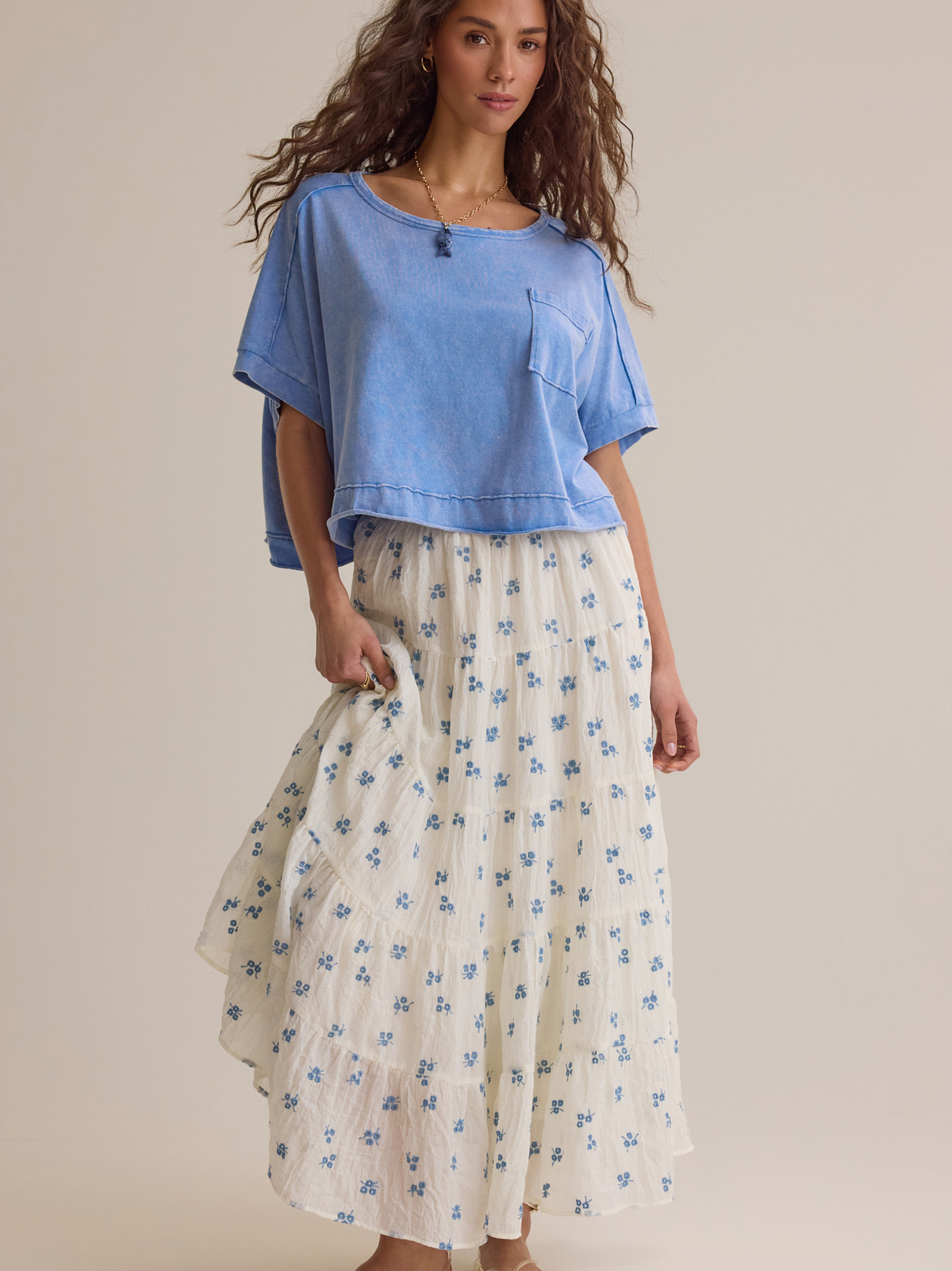 Jackie Embroidered Midi Skirt in Ivory & Blue | Altar'd State