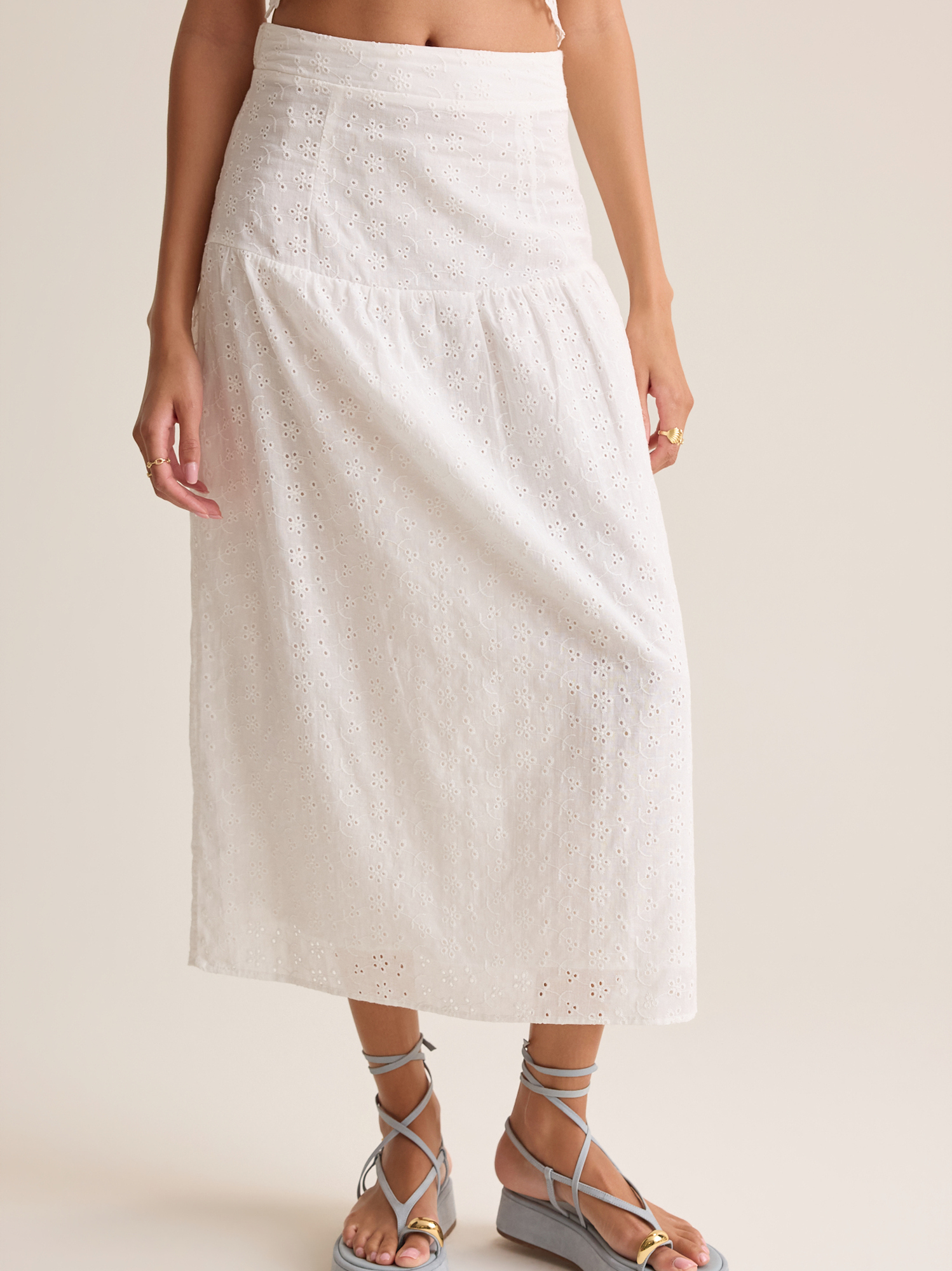 Hayes Eyelet Midi Skirt in White | Altar'd State
