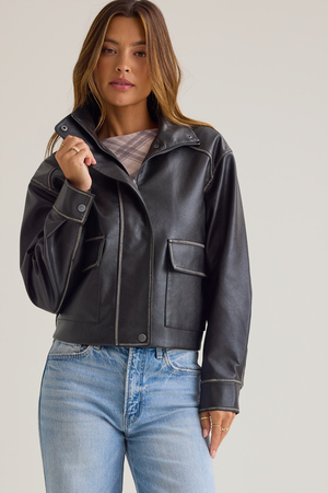 Liza Distressed Faux Leather Bomber Jacket - Altar'd State - 