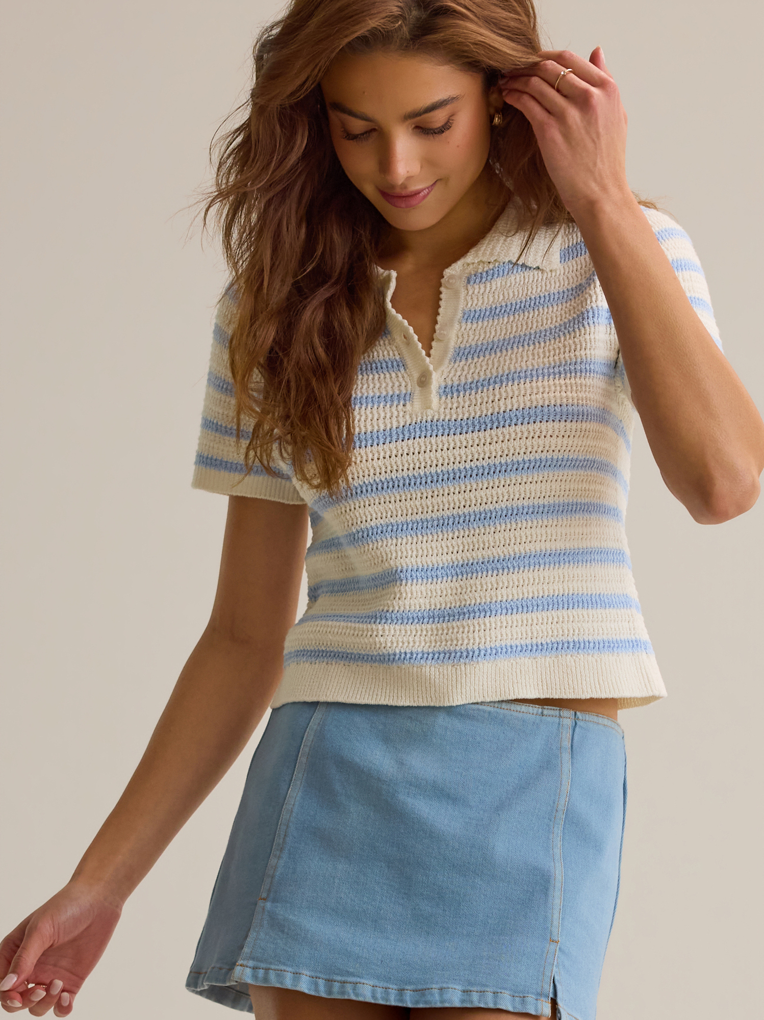 Bowie Stripe Knit Polo in Blue | Altar'd State