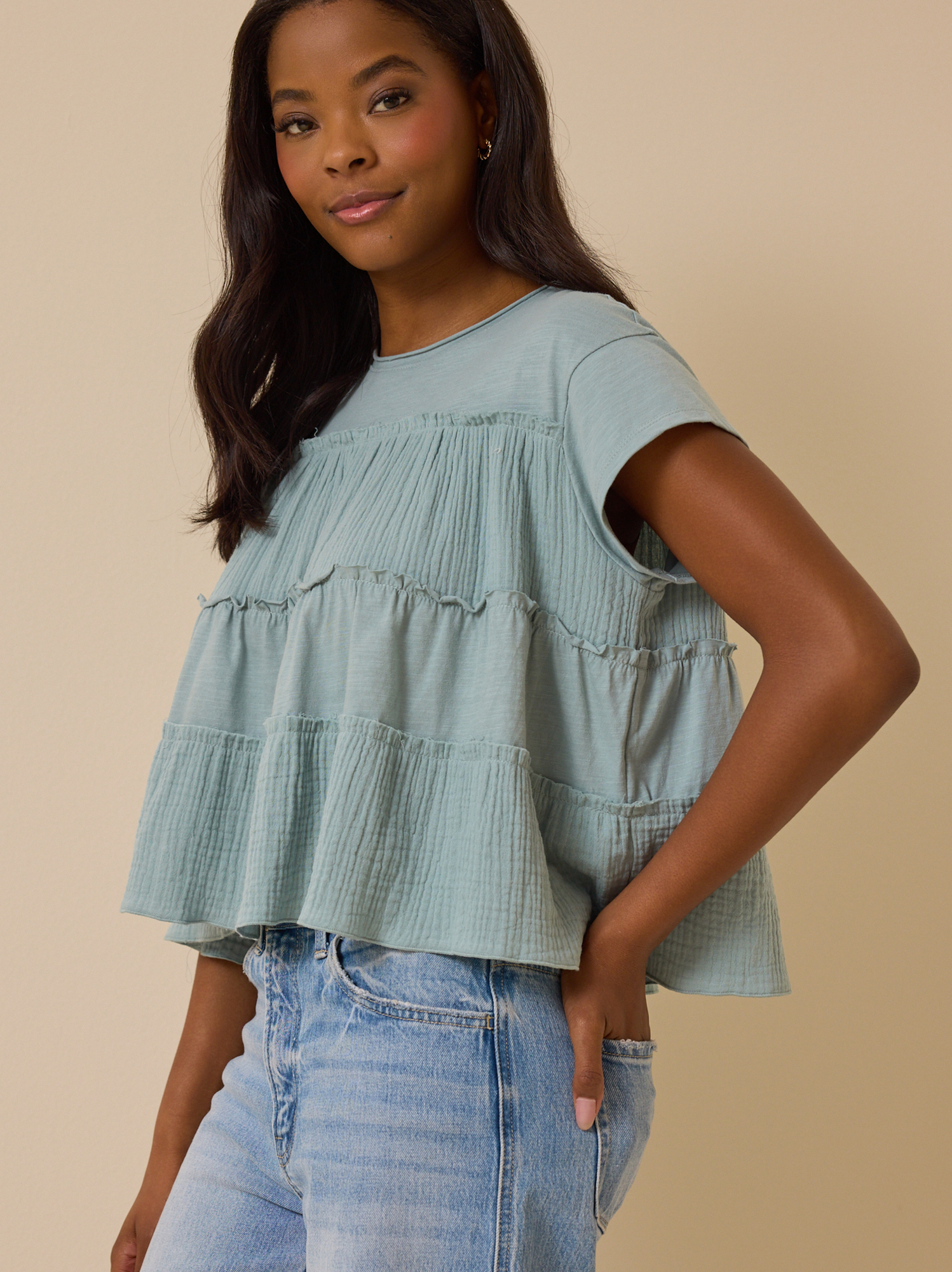 Nicole Ruffle Top in Harbor Grey | Altar'd State