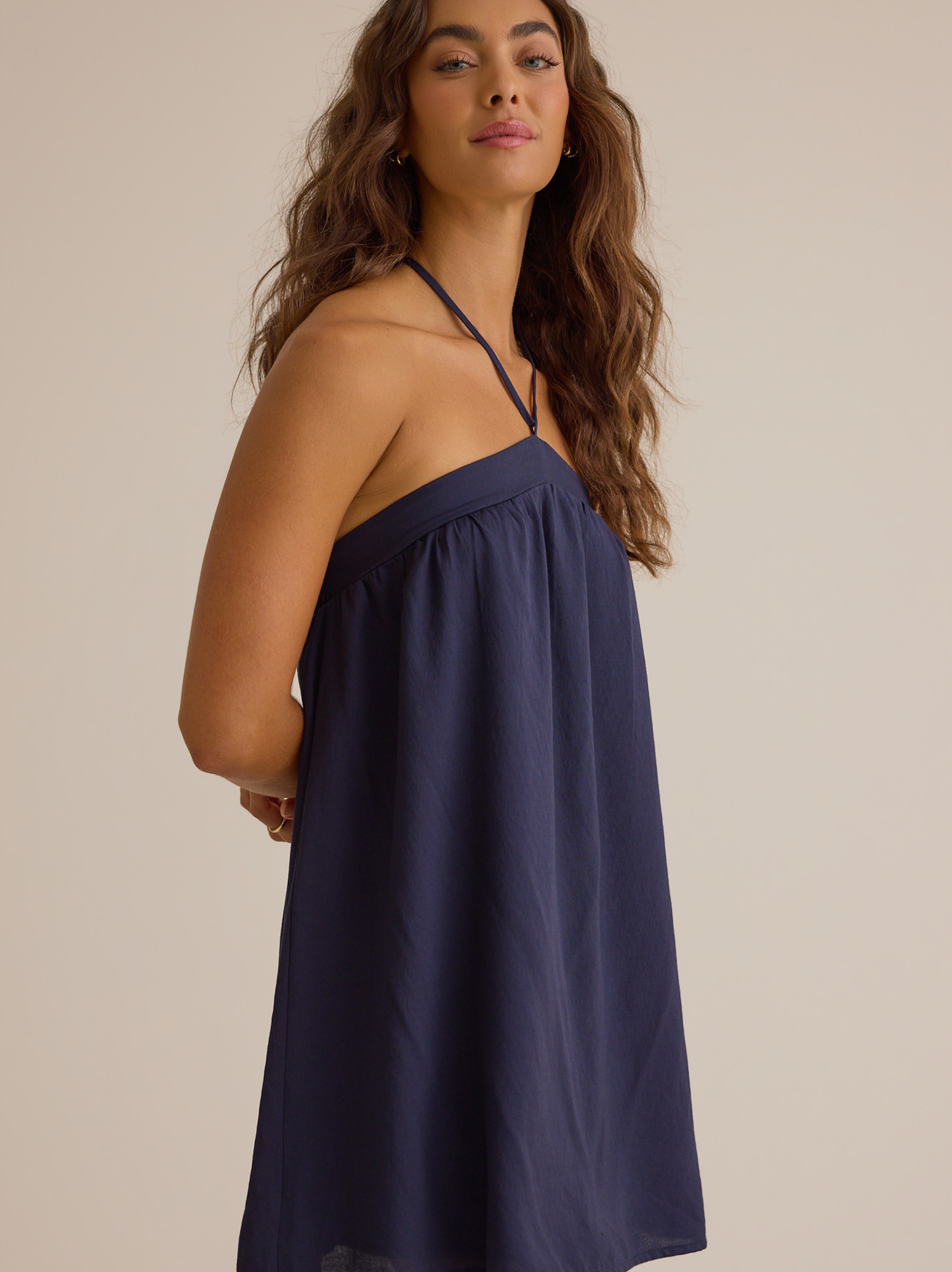 Altar'd State | Kora Linen Mini Dress | NAVY | Material: Self: 96% Polyester, 4% Spandex; Lining: 100% Polyester | XS