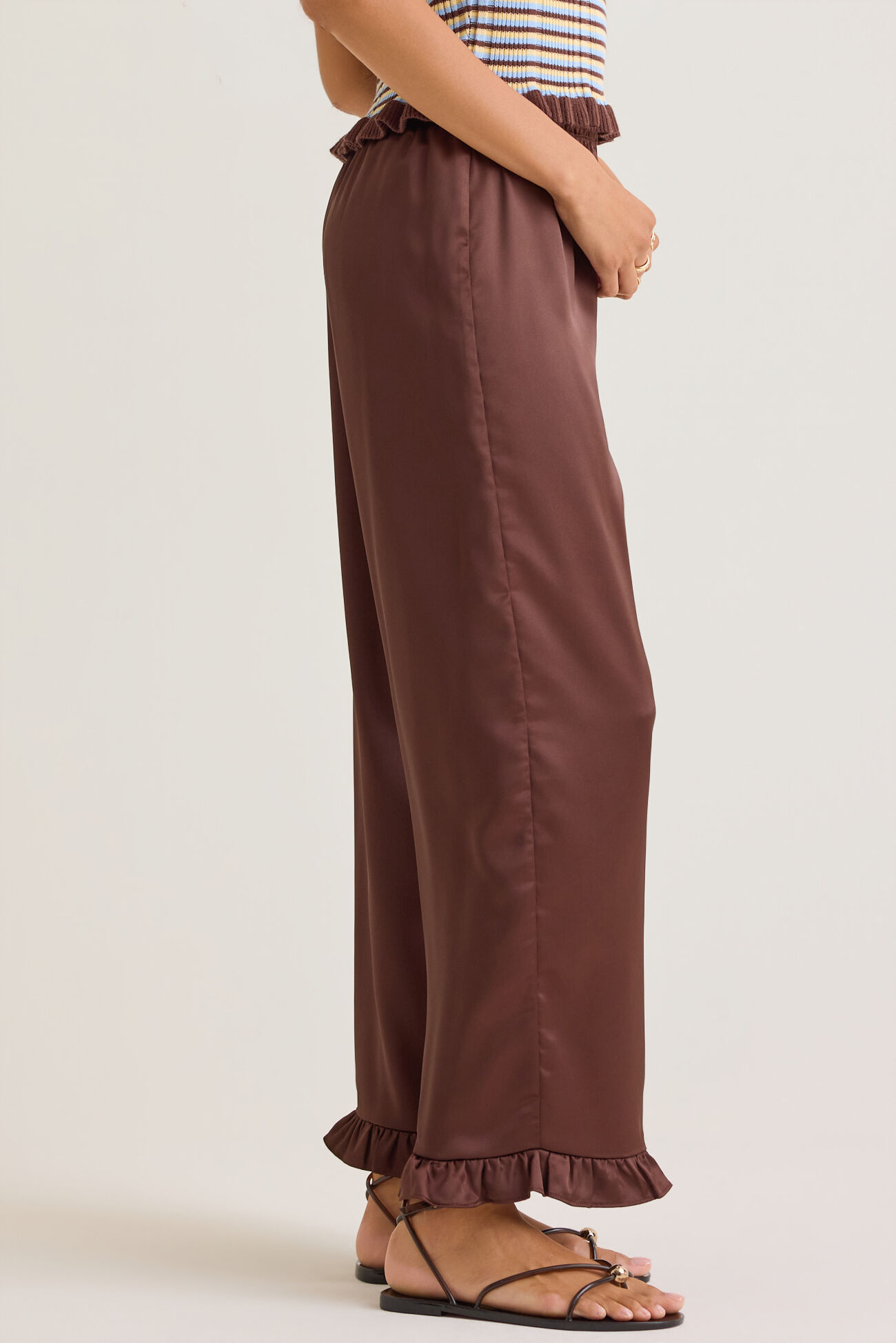 Camille Satin Ruffle Hem Pull-On Pants