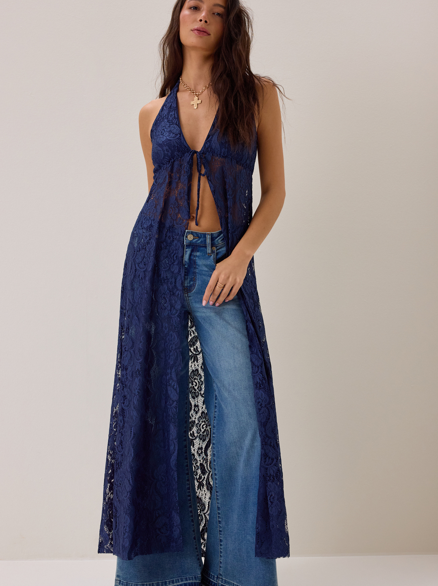 Ivy Lace Halter Tie Front Kimono in Navy | Altar'd State
