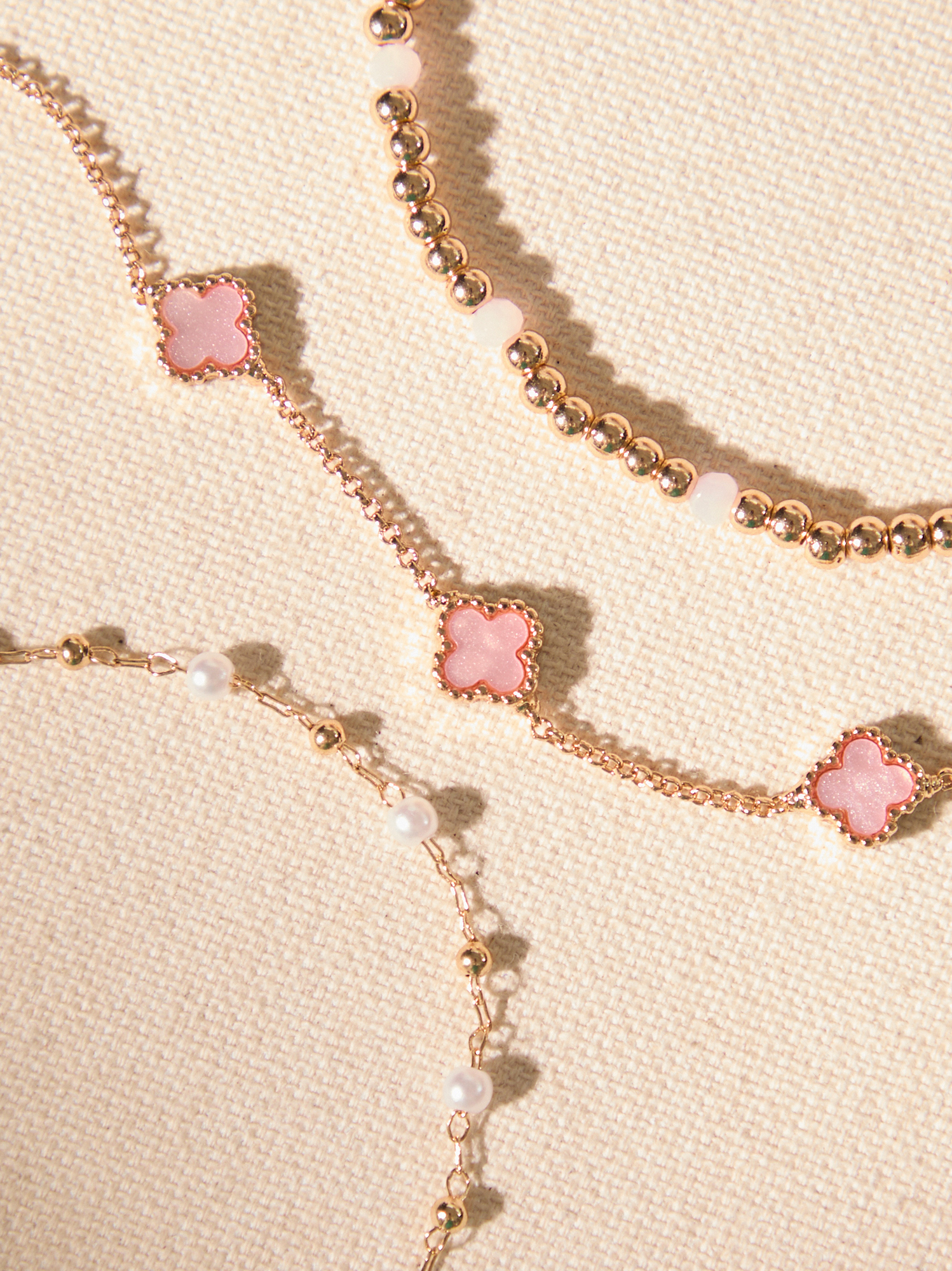Dainty Clover Pearl Bracelet Set in Gold & Pink | Altar'd State