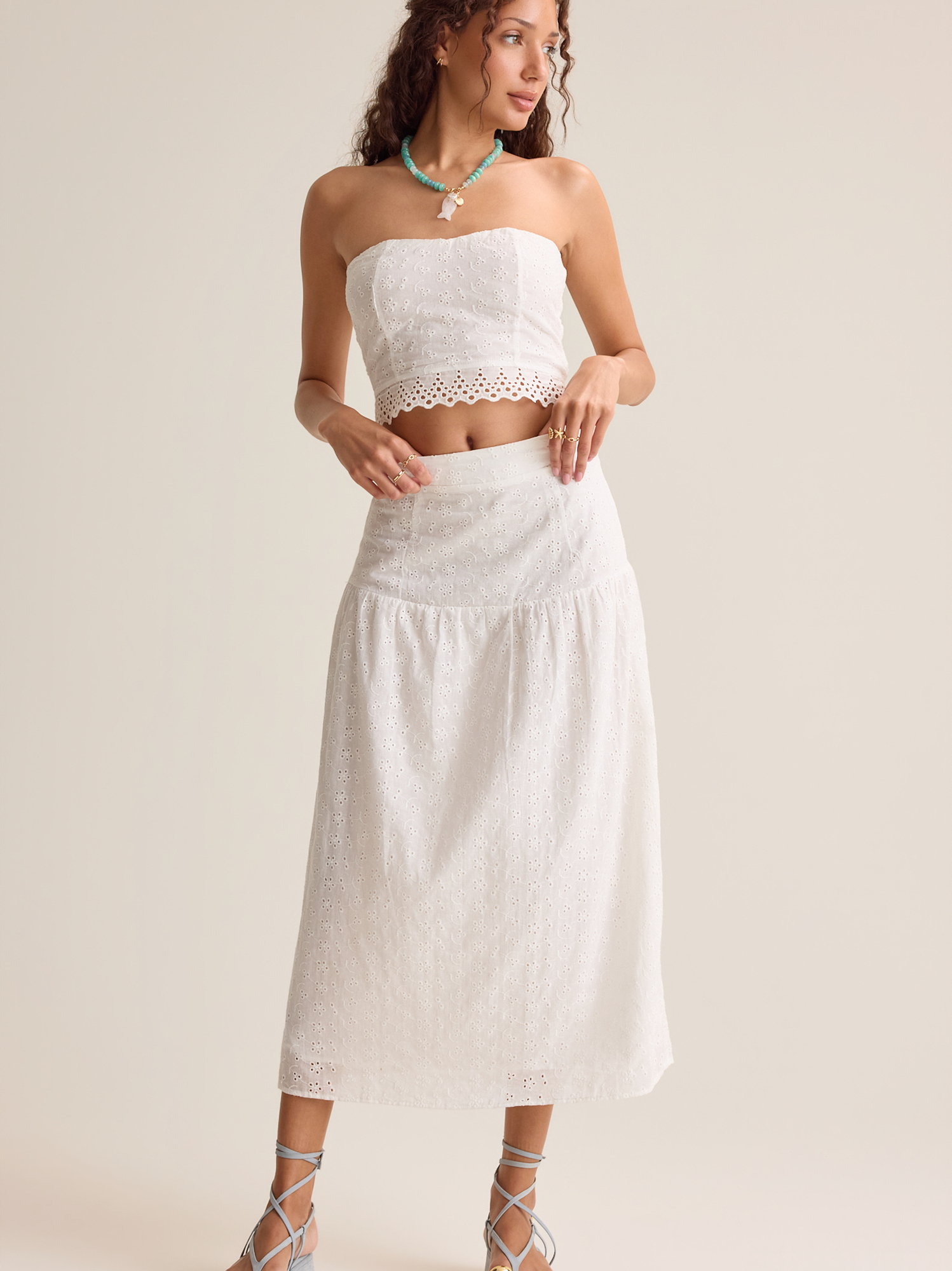 Hayes Eyelet Midi Skirt in White | Altar'd State