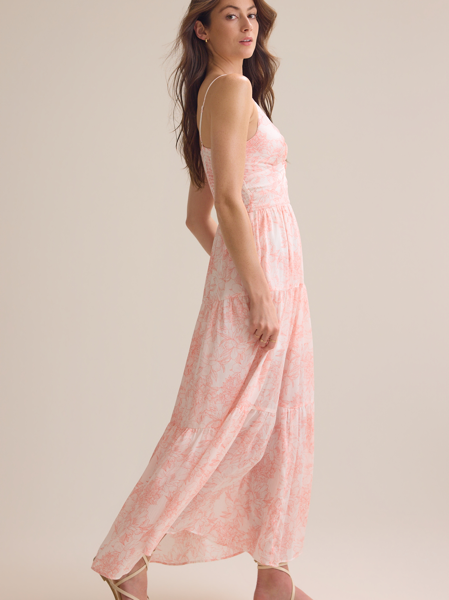 ivory and coral dress London Times T10313M Ivory Coral Coral Print Tiered Ruffle-Trim Sleeve Ivory Coral / M