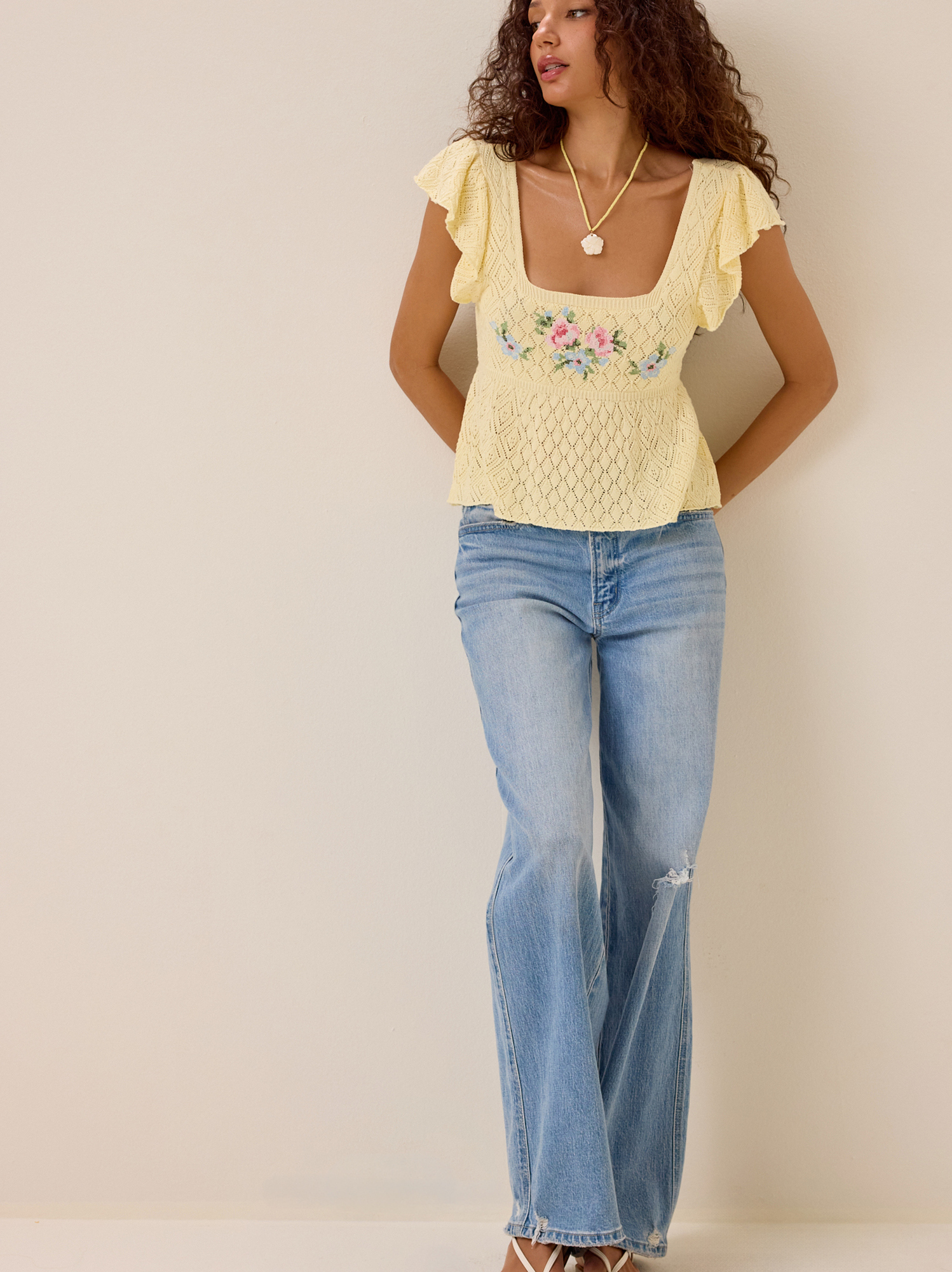 Kaiya Floral Pointelle Babydoll Top in Yellow | Altar