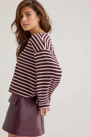 Adrienne Long-Sleeve Urban-Rib Striped V-Neck Boxy Top - Altar'd State