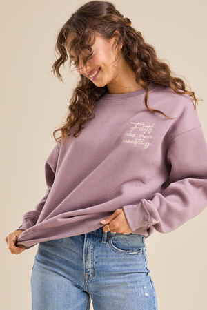 
        Faith Moves Mountains Sweatshirt in Purple | Altar'd State
    
