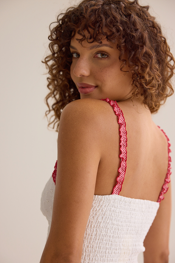 Cora Smocked Eyelet Cami in Ivory & Red | Altar'd State