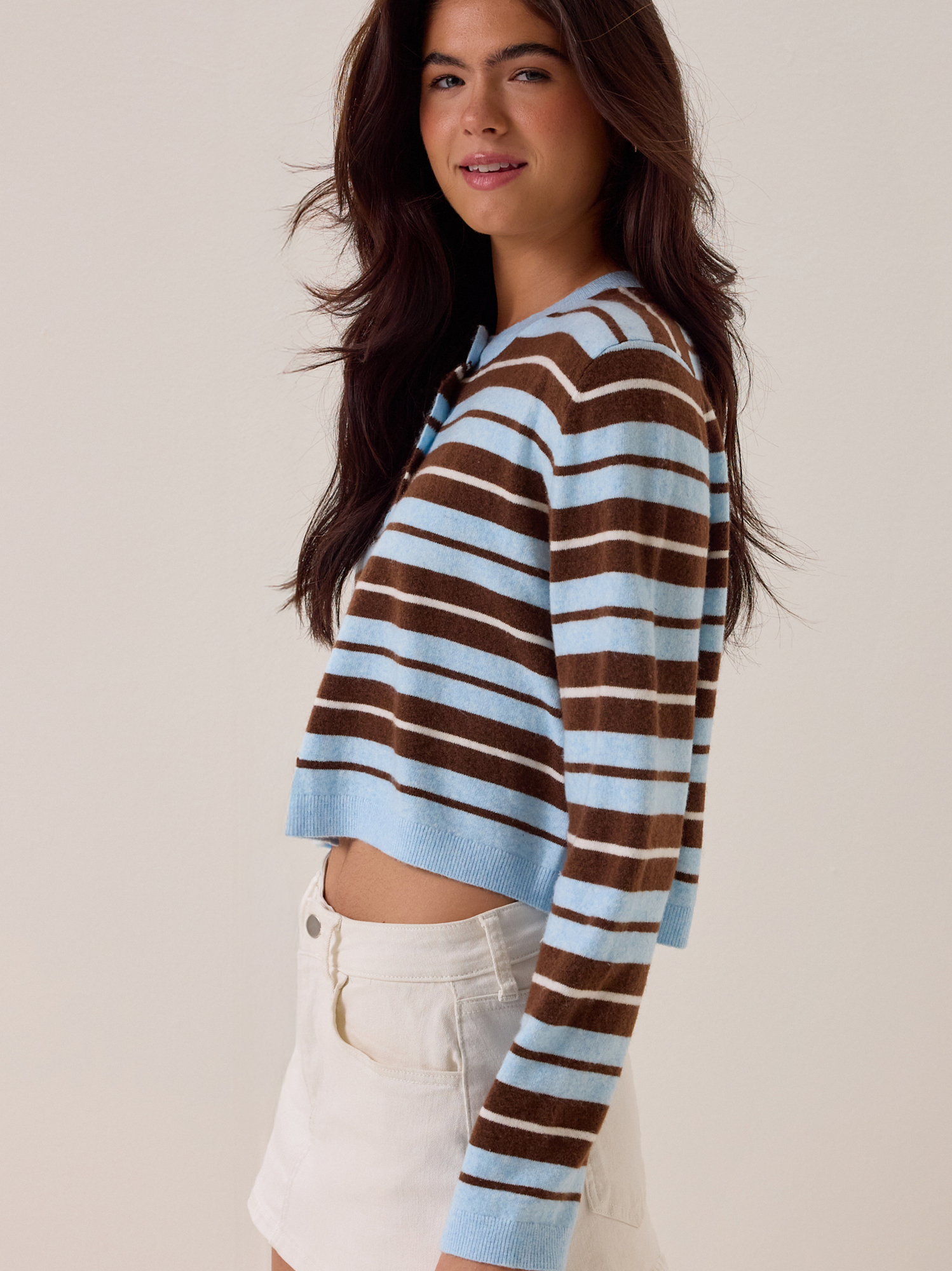 Londyn Multi Stripe Button Up Cardigan in Blue & Brown | Altar'd State