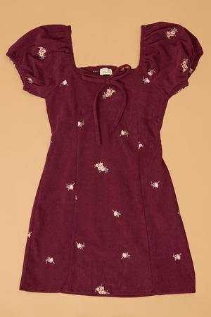 Peony Flower Embroidered Corduroy Puff Sleeve Dress - Altar'd State - 