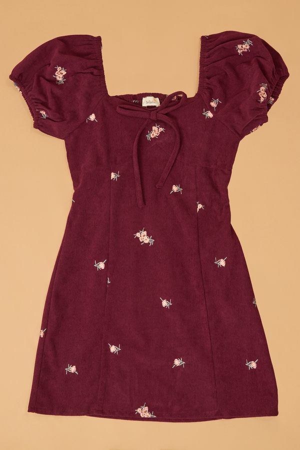 Peony Flower Embroidered Corduroy Puff Sleeve Dress - Altar'd State