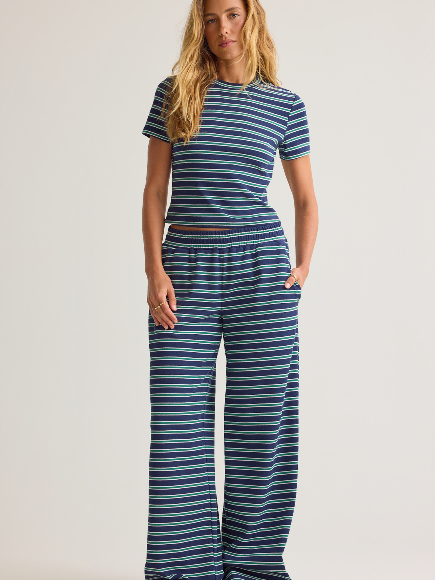 Santorini Striped Knit Pants in Navy & Green | Altar'd State