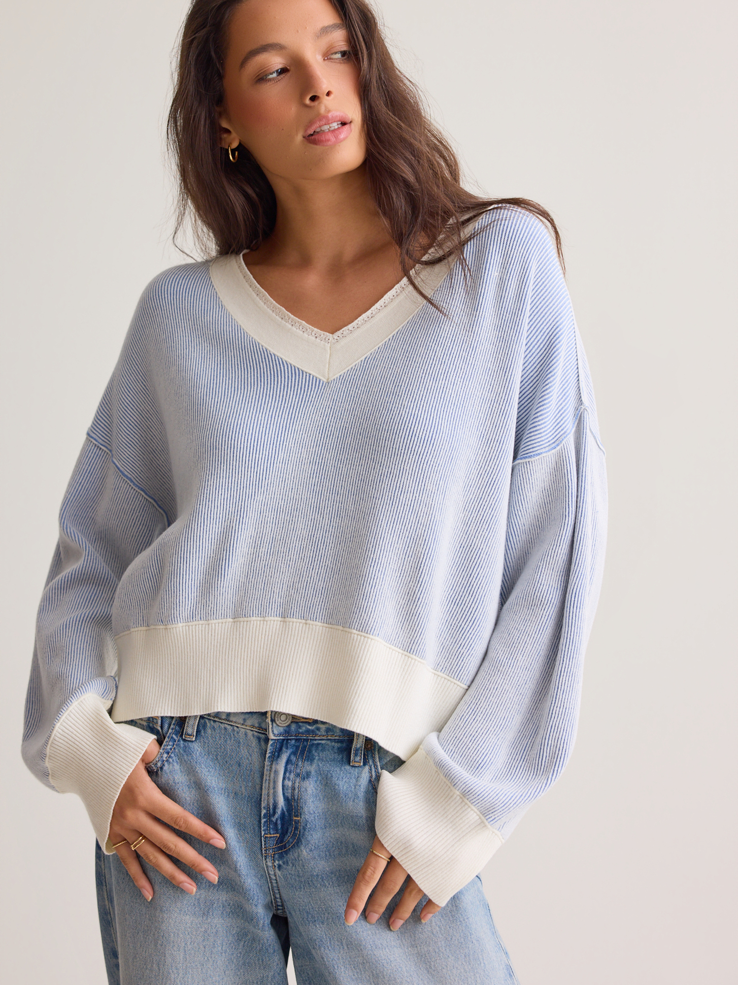 KAIKO Border v neck sweater サックスブルーsize2 オリジナル