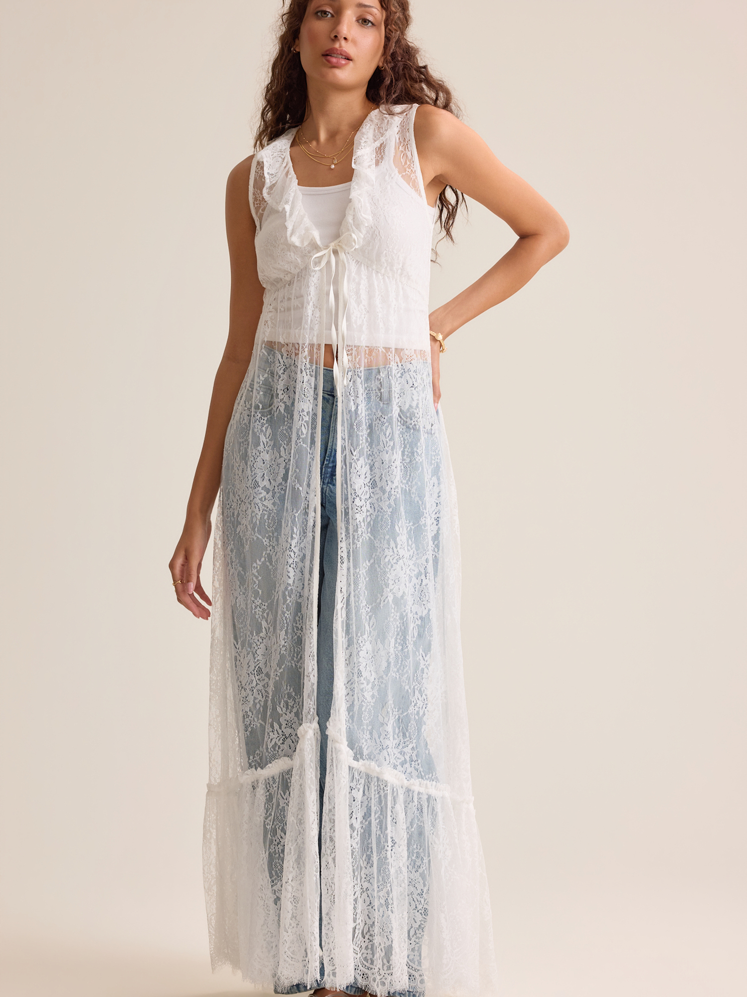 Estelle Lace Tie-Front Kimono in White | Altar'd State