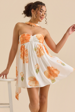 Dallie Strapless Floral Mini Dress in Orange & White | Altar'd State
