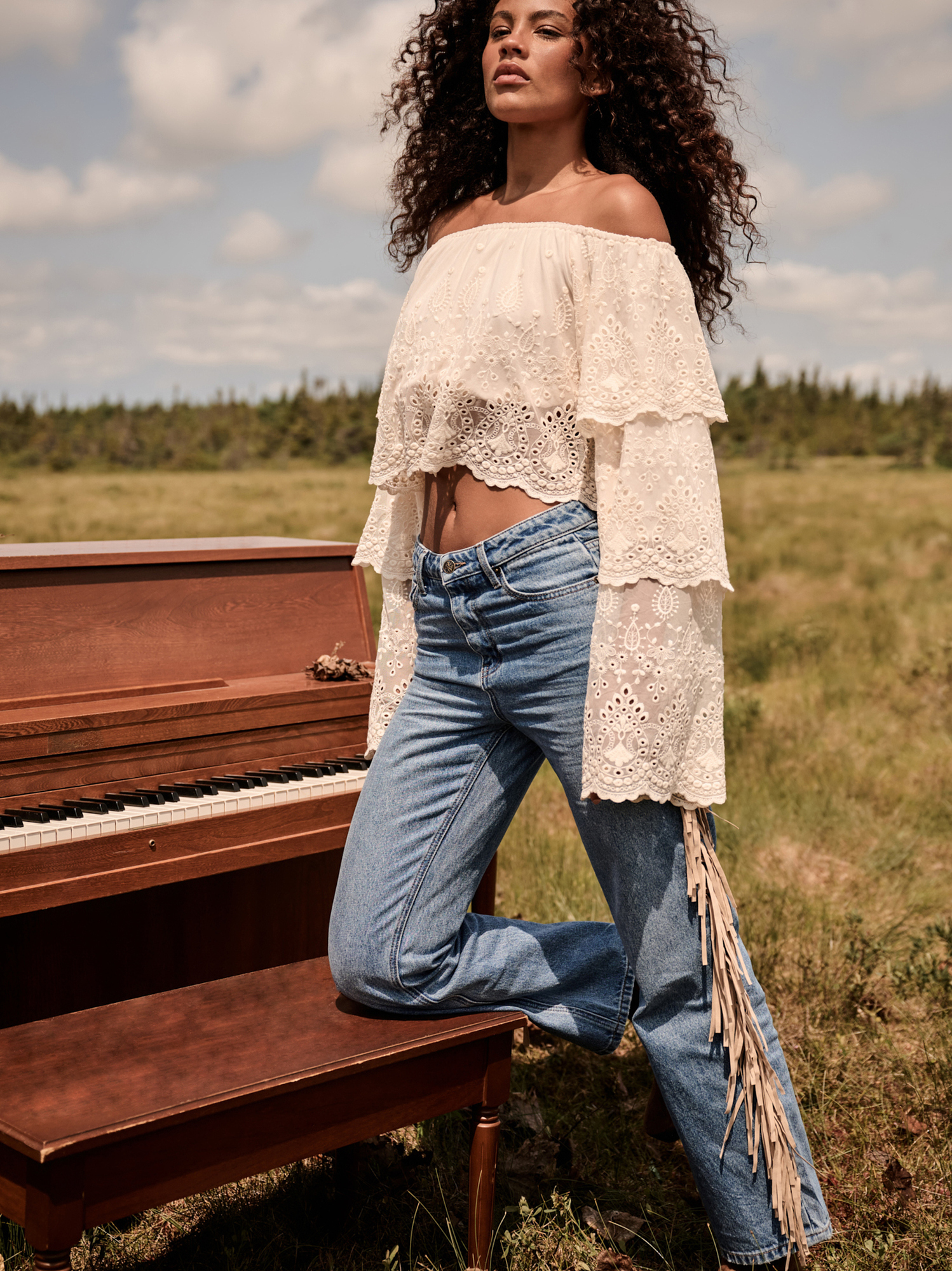 andequal bijou fringe flare denim アンドコール bijou fringe flare