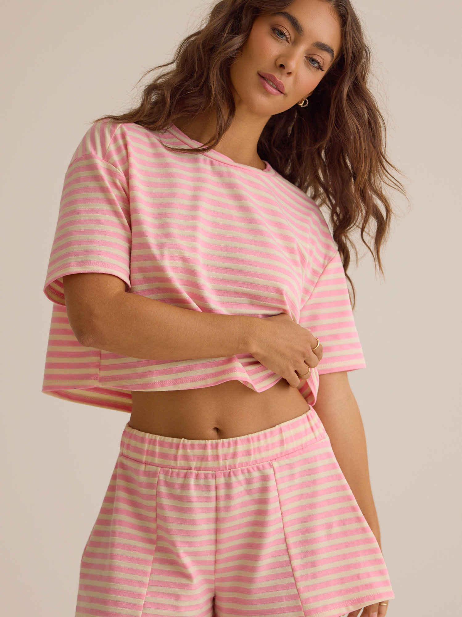 Nyra Stripe Relaxed Short in Pink & White | Altar'd State
