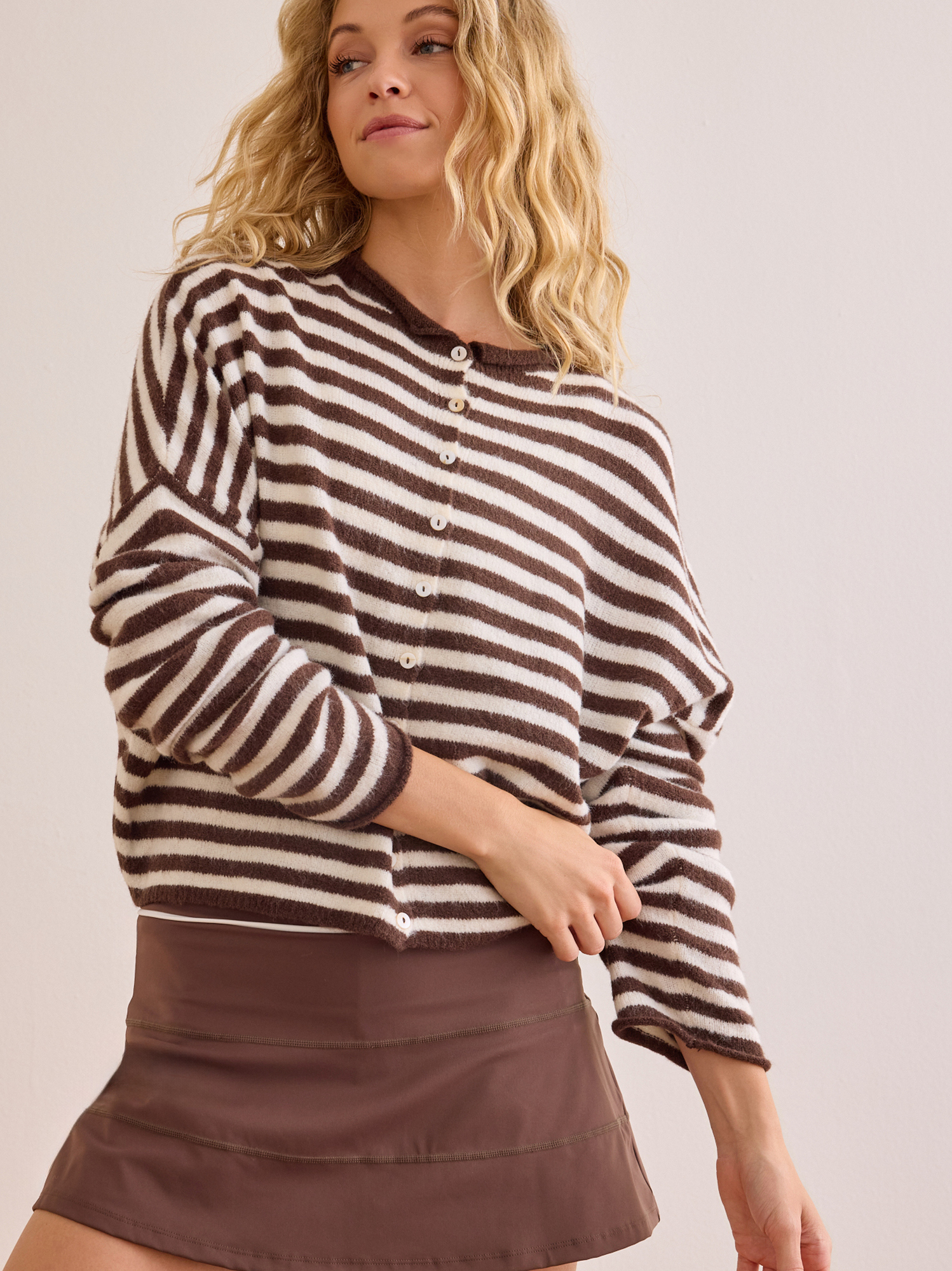 Major Stripe Button Cardigan in Ivory & Brown | AS Revival