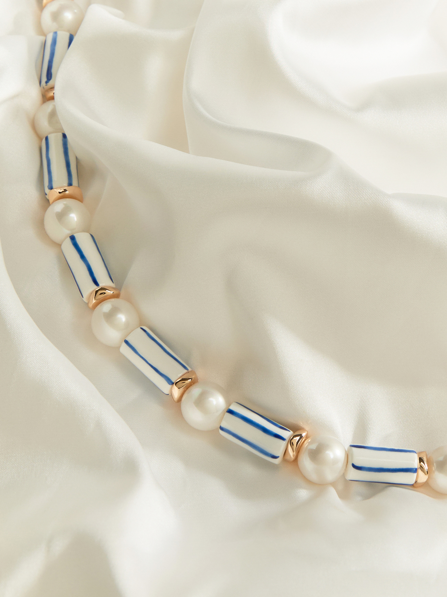 Striped Long Bead Pearl Choker in Blue & White | Altar'd State