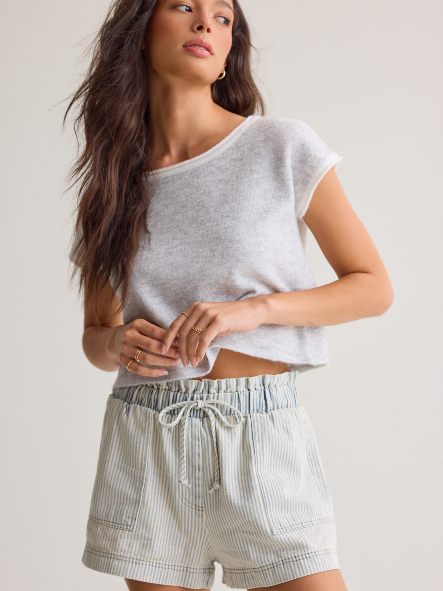 Karcie Striped Paper Bag Shorts in Light Blue | Altar'd State
